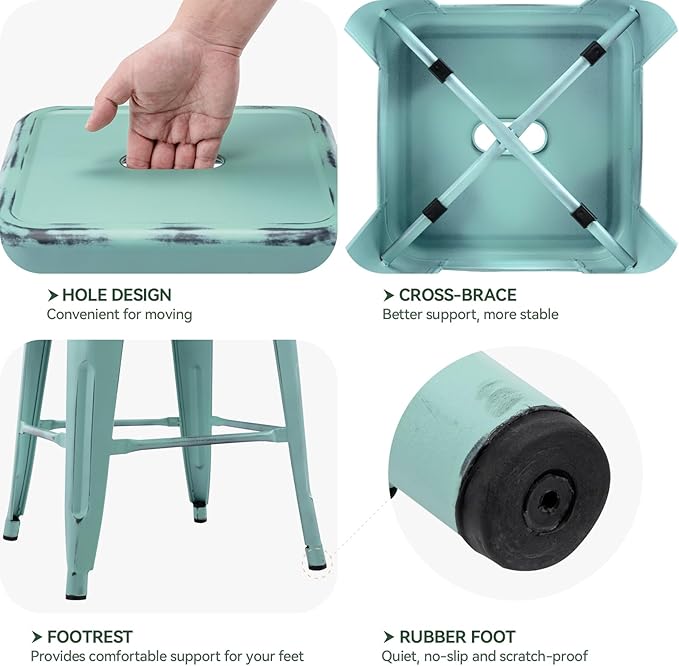 Vogue Furniture Direct 24 Inch Metal Bar Stools, Backless Counter Height Barstools, Indoor Outdoor Stackable Stools with Square Seat, Set of 2 (Distressed Mint Green)