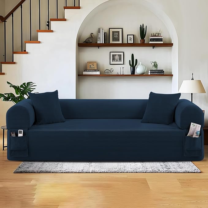 83" Boneless Couch, 3 Seater Sofa with 2 Matching Pillows Compact Corduroy Couches for Living Room Side Storage Pockets, Floor Sofa with Removable Armrests, No Assembly Required, Blue