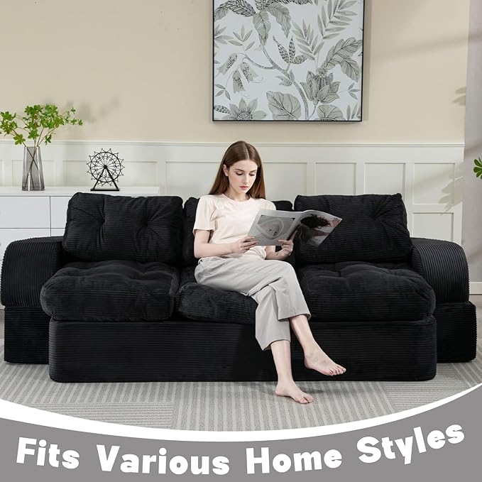 MeMoreCool Cloud Floor Sofa – 3-Seater Convertible Couch Bed, Tufted Corduroy, Black No Assembly | Modular Cushion Design | Compressed in a Box | Comfy for Living Room or Bedroom