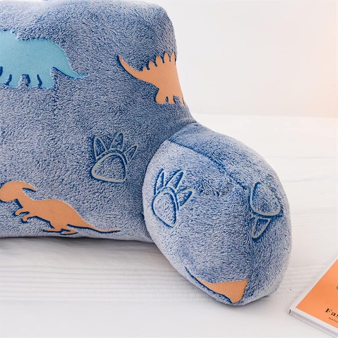 Holawakaka Glow in The Dark Reading Pillow for Sitting up in Bed Sofa Kids Teens, Luminous Dinosaurs Backrest Pillow with Arms, Boys Girls Back Support Cushion for Couch Floor Nursery Playroom