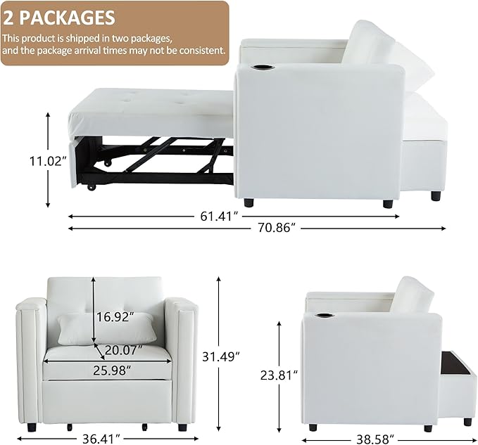 Velvet Convertible Chair Bed, 3 in 1 Multi-Functional Lounge Chair Sleeper, Pull Out Couch Guest Bed with Hidden Table and Adjustable Backrest for Living Room (White)
