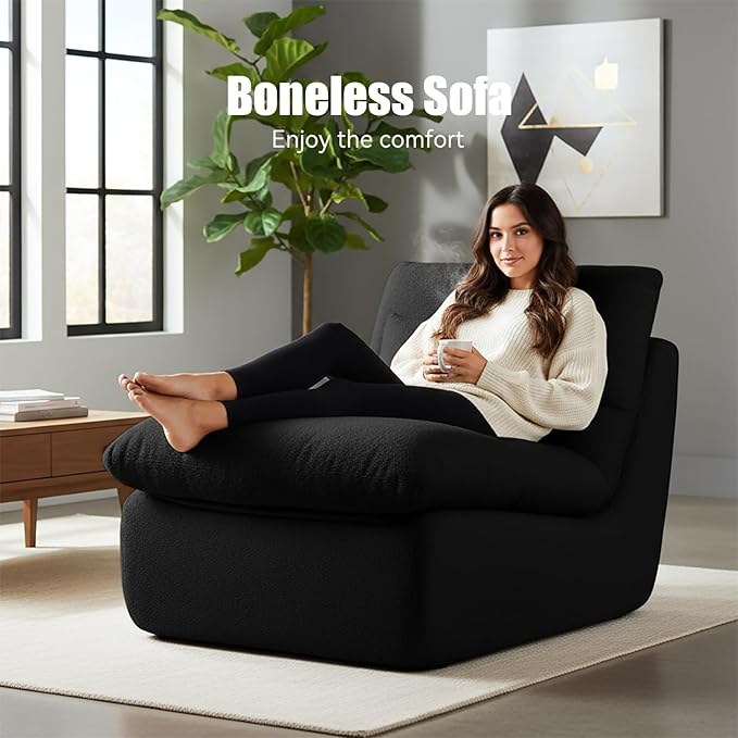 Boneless Single Sofa – 32” Teddy Plush Frameless Lounge Chair with High-Density Foam Support – No Assembly, Cloud Couch for Living Room, Bedroom, & Apartment (Black)