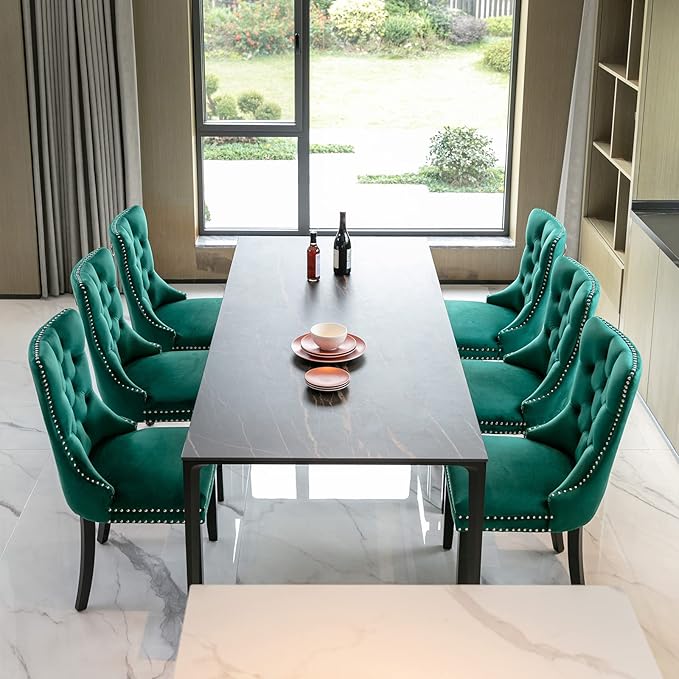 YeahFurn Green Mid Century Modern Dining Chairs Set of 6, Velvet Upholstered Kitchen & Dining Room Chairs with Nailhead Trim & Solid Wood Legs, Elegant Sillas De Comedor (Green, 6 Pcs)