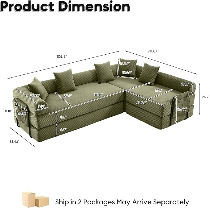 L Shape Convertible Sofa Bed with Cylindrical Pillow and Storage Pocket, Convertible Sofa Couch Bed with Support Frame for Living Room Bedroom Children Room-Oliver Green