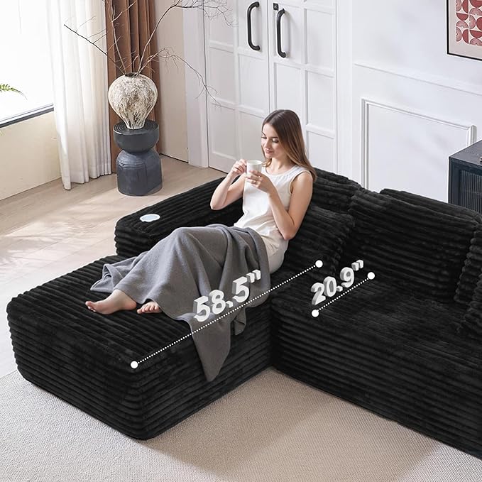 Cloud Sectional Couch with L-Shape Chaise, Modern Modular Sofa with Deep Seat, Built-in Cup Holder & Storage Pocket for Living Room Bedroom, No Assembly Required (Black, Left Sitting Chaise)