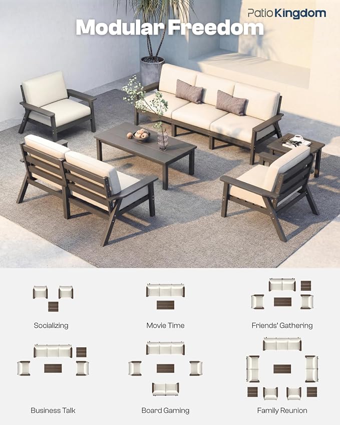 Patio Kingdom 10 Piece Outdoor Patio Furniture Set, Outdoor Couch with Washable Thick Beige Cushions, Coffee Table & Side Table, Patio Conversation Sets for Lawn, Garden, Porch, Balcony (Grey Frame)
