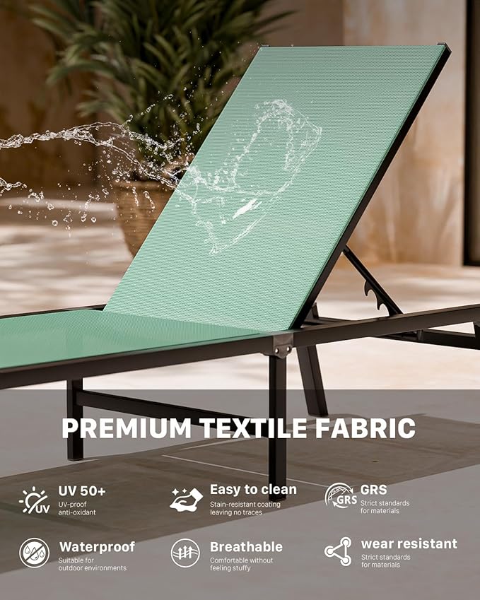WOAJNQO Aluminum Patio Chaise Lounge Chair Set of 2 with Side Table,5-Position Adjustable Backrest,Foldable Lounge Chair Outdoor,Pool Lounge Chairs for Poolside,Lawn,Deck,Beach (Green, 2 Pack+Table)