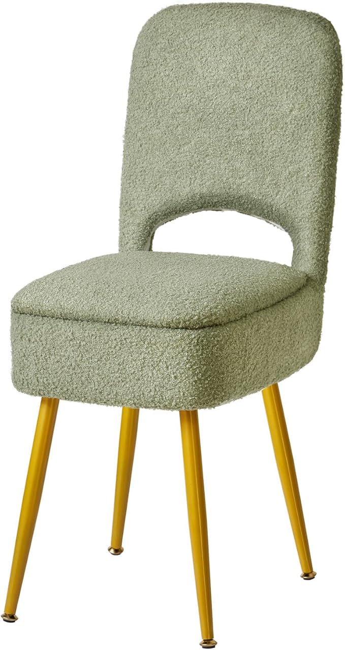 IBUYKE Small Storage Vanity Stool with Folding Backrest, 12.99" x 13.78" x 31.5" Square Teddy Velvet Ottoman, Makeup Chair for Living Room, 4 Metal Legs with Anti-Slip Feet, Green WBD027D