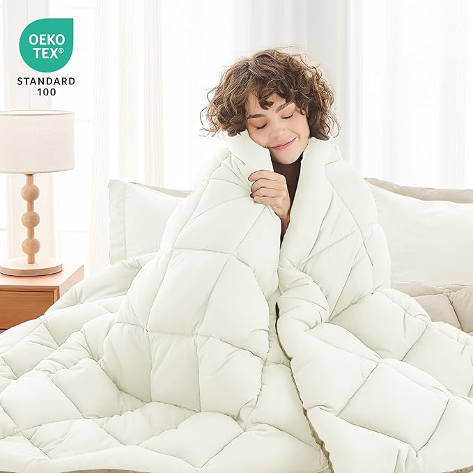 MUXHOMO 7 Pieces Queen Comforter Set, Reversible Bed in a Bag Queen Size, All Season Bedding Set with Comforter, Flat Sheet, Fitted Sheet, Pillowcases & Shams, Ivory & Khaki