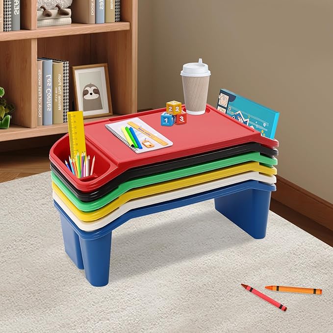 6 Pcs Kids Lap Desk Tray, 19.69 * 9.84 * 7.09in Lap Desks with Storage, Lap Desk Tray with Side Pockets and Slot for Writing Eating Game Classroom (Colorful 1)