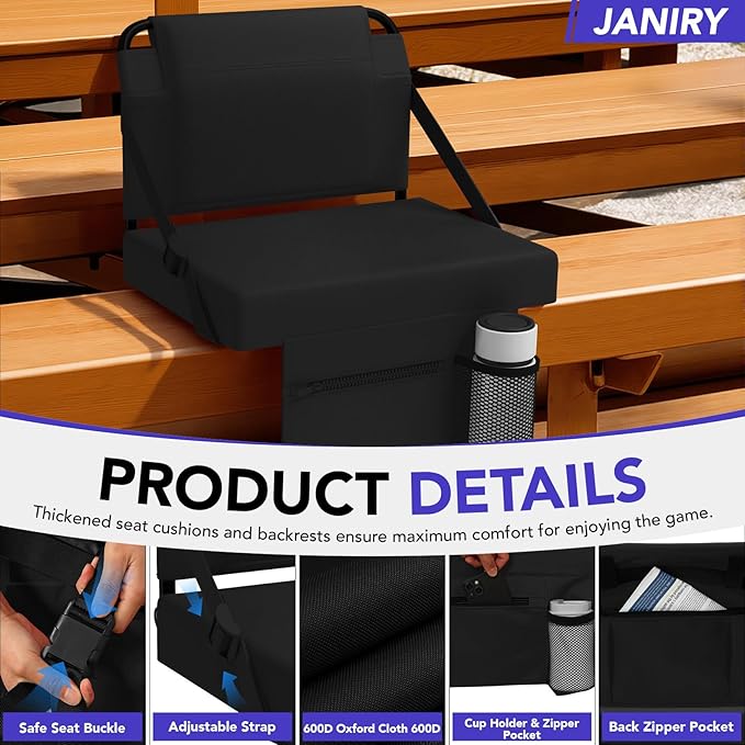 Stadium Seat 2 Pack for Bleachers with Back Support,Portable Bleacher Chairs with Back and Cushion，Black