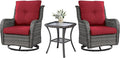 Belord Outdoor Swivel Rocker Wicker Chairs Set of 3, High Back Swivel Patio Chairs Wicker Furniture Set, 2 PCS Rattan Swivel Rocking Chair with Side Table, Red Cushion