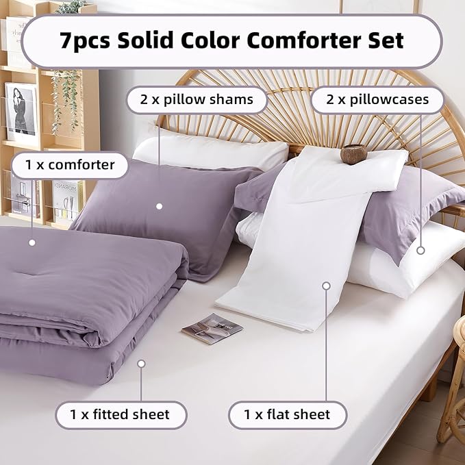 weigelia Queen Comforter Set 7 Pieces Dusty Purple Comforter Set Soft Queen Size Bedding Set with Fitted Sheets, Flat Sheets, Pillow Shams, and Pillowcases