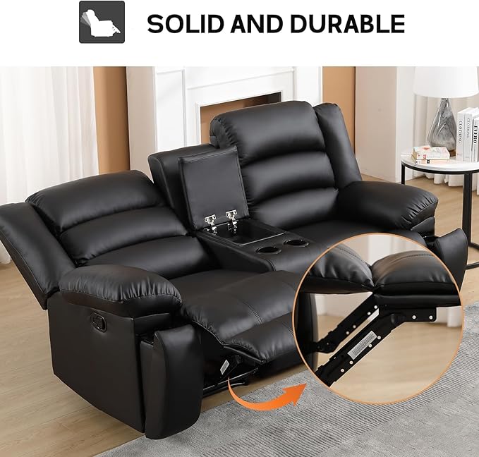 EBELLO Faux Leather Manual Loveseat Recliner, Reclining Sofa Chair with 2 Concealed Cup Holders, Hidden Storage, Overstuffed Armrest Couch Set for Living Room, Bedroom, Meeting Room(Loveseat)