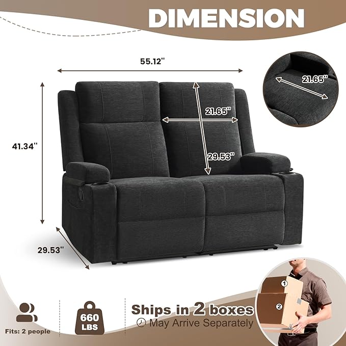PALLOME Manual Reclining Loveseat Sofa, 2-Seater Recliner Couch with Cup Holders, Fabric Reclining Sofa for Living Room/RV (Black)