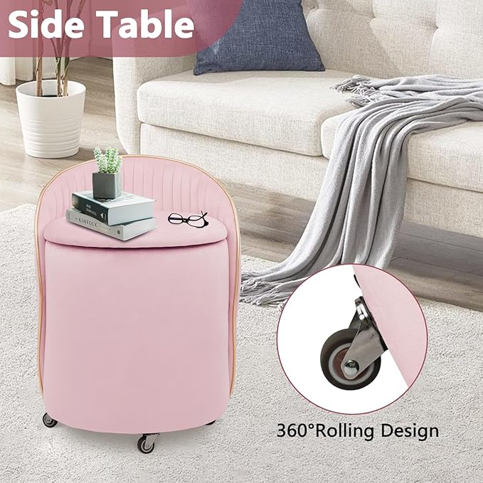 Round Storage Ottoman, Upholstered Velvet Vanity Stool with Lumbar Support, Swivel Rolling Wheels, Small Foot Stools Coffee Table Padded Seat for Makeup Room, Living Room, Bedroom (Pink)