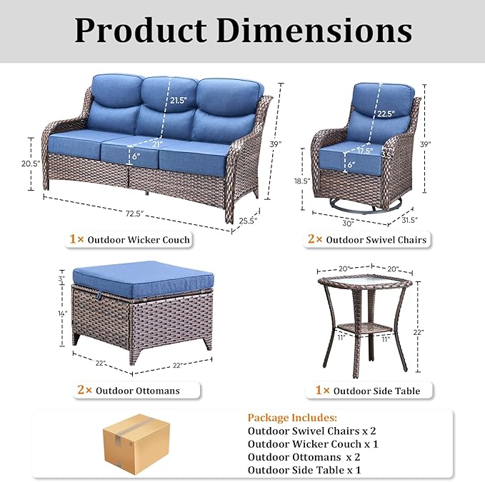 Pugire Luxury High Back Patio Furniture Set with 6-Inch Thick Cushions, 6-Pieces Outdoor Furniture with Swivel Chairs &Side Table, Wicker Conversation Set for Porch, Balcony, Deck and Yard, Brown/Blue