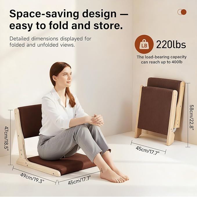 Tiita Foldable Tatami Chair, Japanese loor Chair, Wood Legless Back Rest Chairs with Cushion, Accent Meditation Floor Chairs Bay Window, Wood Brown