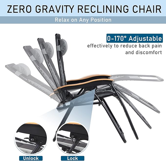 PHI VILLA XXL Oversized Padded Zero Gravity Chair Set of 2, Foldable Patio Recliner, 30" Wide Seat Anti Gravity Lounger with Armrest and Cup Holder, Support 400 LBS (Grey)