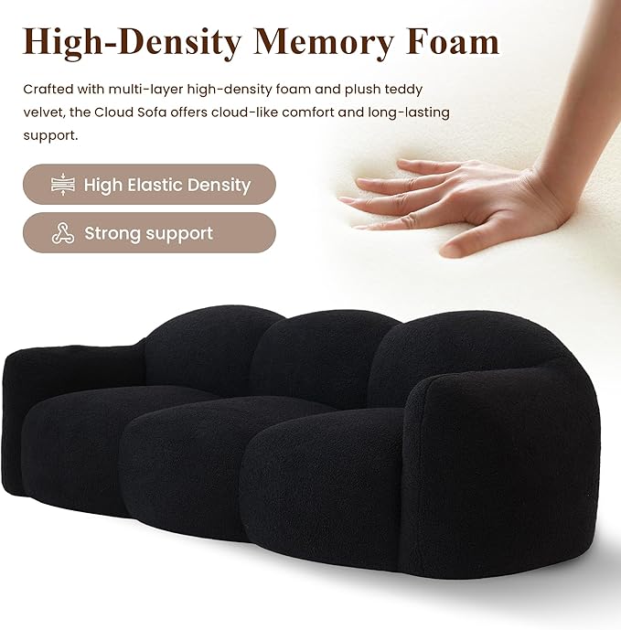 WJShome 90" Modern Curved Cloud Shaped Couches for Living Room, Bean Bag Chair Lazy Floor Couch, Cozy Leisure Boneless 3 Seater Sofa for Bedroom, Apartment-No Assembly Required (Black)
