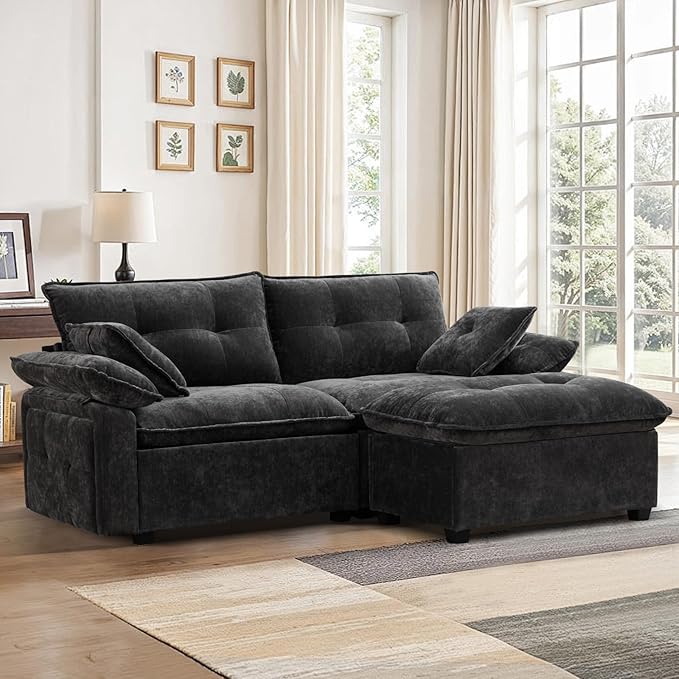 PALLOME 82" Deep Seat Comfy Cloud Couch, Modular Sectional Sofa with Movable Ottoman, L Shaped Chenille Sofa for Small Space, Modern Apartment Living Room & Office (Grey, 2-Seat + Ottoman)