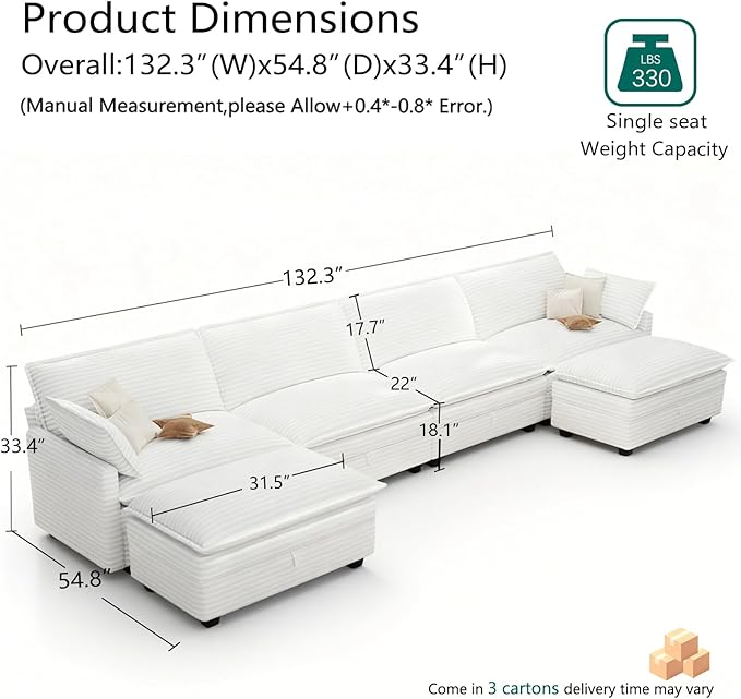 Modular Sectional U Shaped Sofa Couches with Storage Ottoman, Cloud Couch for Living Room, Comfy Sofa with Pillow, White