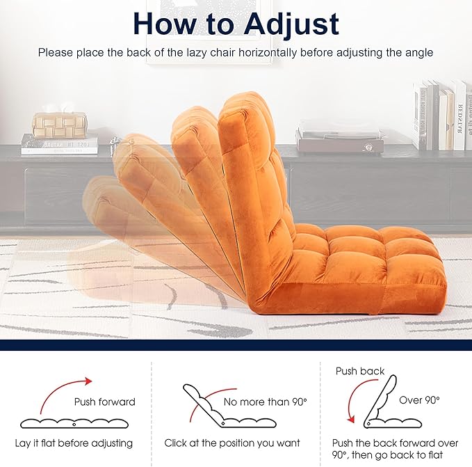 HOMYEDAMIC Floor Chair, 24 inches Wide Oversized Velvet Armless Lay Flat Floor seat Padded Meditation Chair with 6 Adjustable Position Ergonomic Comfortable Convenient(LRSF-007-ORANGE)