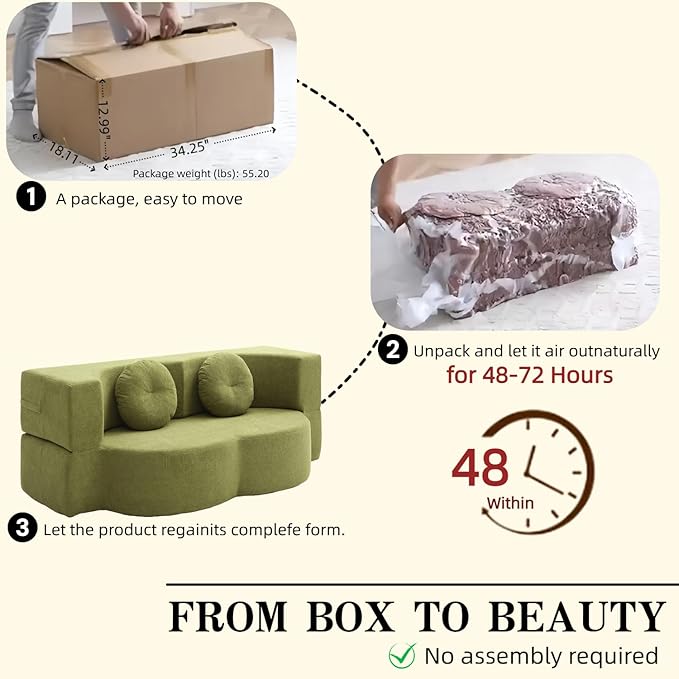 76" Convertible Folding Sofa Bed, 2-in-1 Twin Size Loveseat Sleeper Couch Bed with Two Pillows, Foldable Space-Saving | Design for Dorms Apartments Bedroom& Living Room,No Assemble(Green)