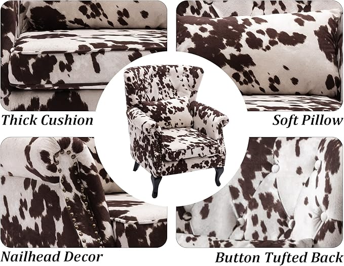 DM Furniture Mid Century Accent Chair Modern Button Tufted Armchair Wingback Club Chair Velvet Single Sofa Lounge Chair with Pillow for Living Room Bedroom, Cowhide Print