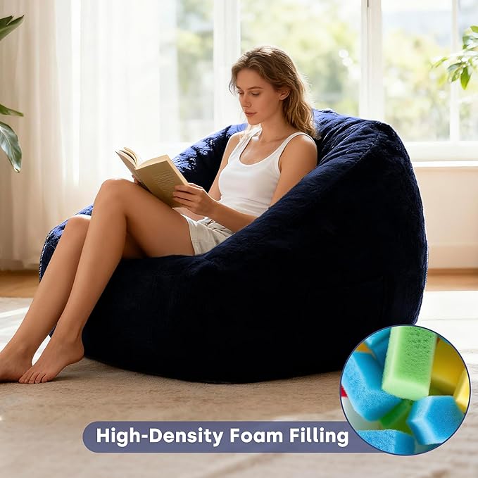 SUNBURY 47.2" L-Shaped Bean Bag Chair with Arms, Memory Foam Filled Lazy Sofa with Portable Handle & Side Pocket, Plush Floor Chair for Adults, Game Room, Bedroom, Living Room (Blue)