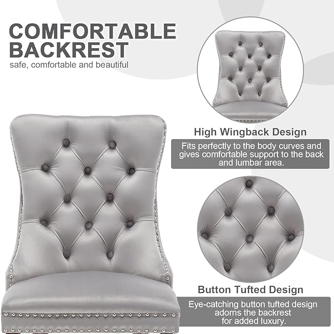 Kiztir Velvet Dining Chairs Set of 4, Upholstered Dining Chairs with Nailhead Trim and Button Back, Luxury Tufted Dining Chair for Living Room, Bedroom, Kitchen (Light Gray)