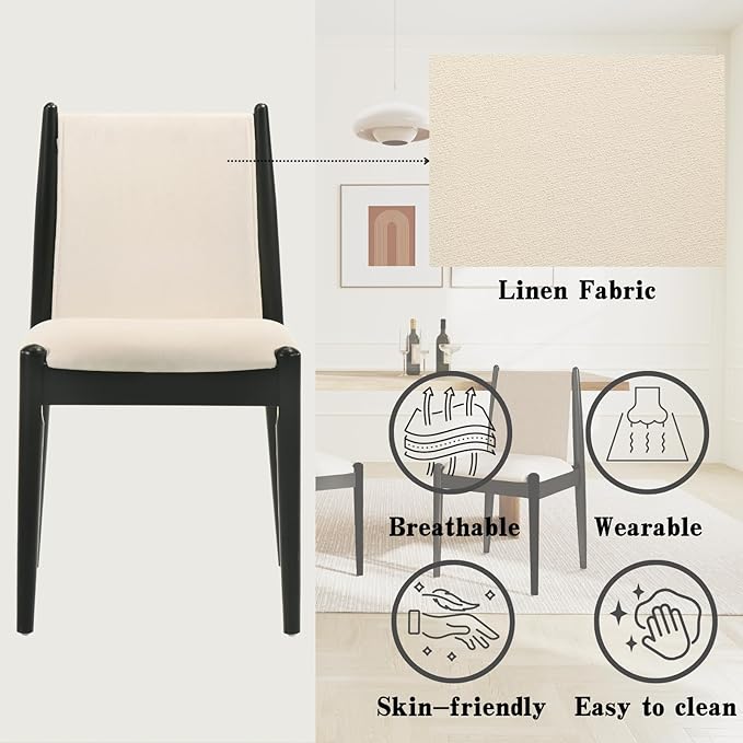 DUOMAY Modern Upholstered Linen Beige Dining Chairs Set of 2, Wooden Armless Chairs with Padded Seat Cushion and Sturdy Frame for Dining Room, Restaurant, Living Room, Kitchen, Black Leg