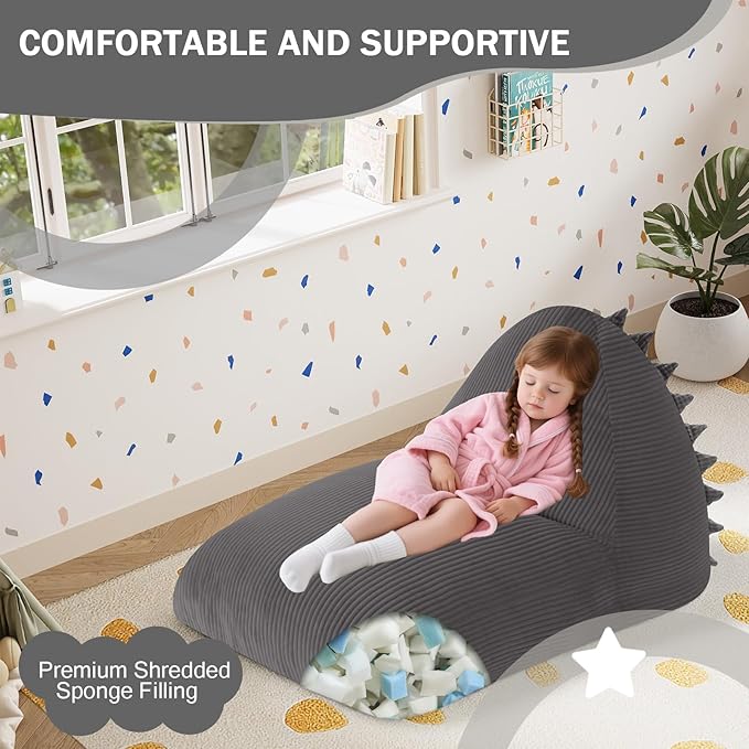COMAX Bean Bag Chairs for Kids, Dinosaur Kid Beanbag Chair with Filler, Toddler Lounge Bean Chair Corduroy, Lazy Floor Lounger for Girls and Boys Stuffed, Grey
