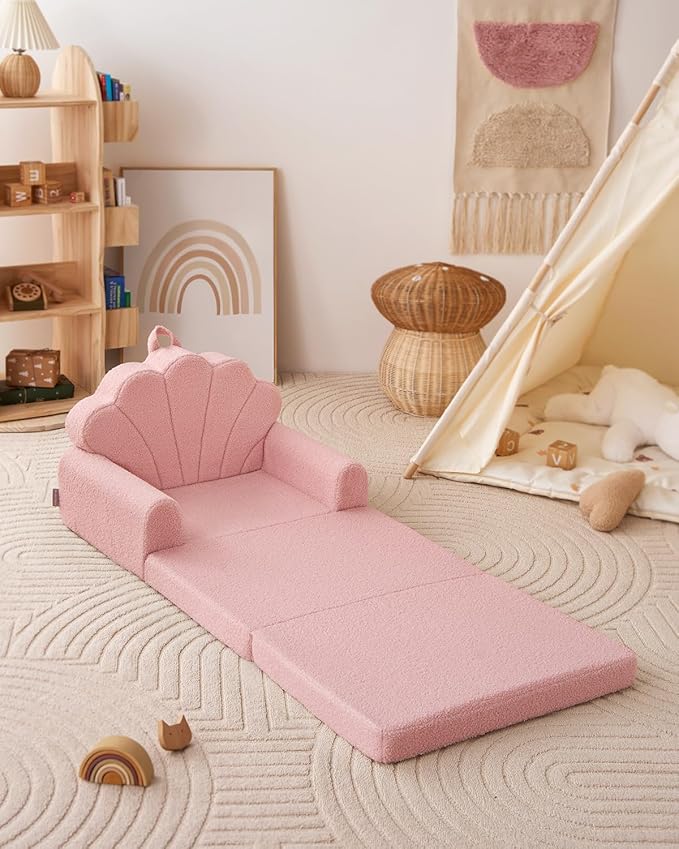 Blissful Diary Kids Couch, 2-in-1 Soft Toddler Couch Fold Out, Toddler Chair Comfy, Convertible Sofa to Lounger, Kids Furniture for Playroom, Gift for Birthday, Children's Day, Pink Shell