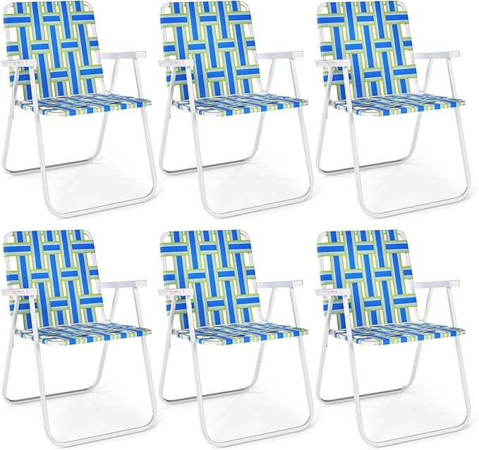 GYMAX Lawn Chair Folding, Webbed Beach Lounge Chairs Set with Highback, Outdoor Portable Lightweight Camping Dinning Chair for Patio, Lawn, Poolside, Sports, Garden, Backyard (6,Blue)