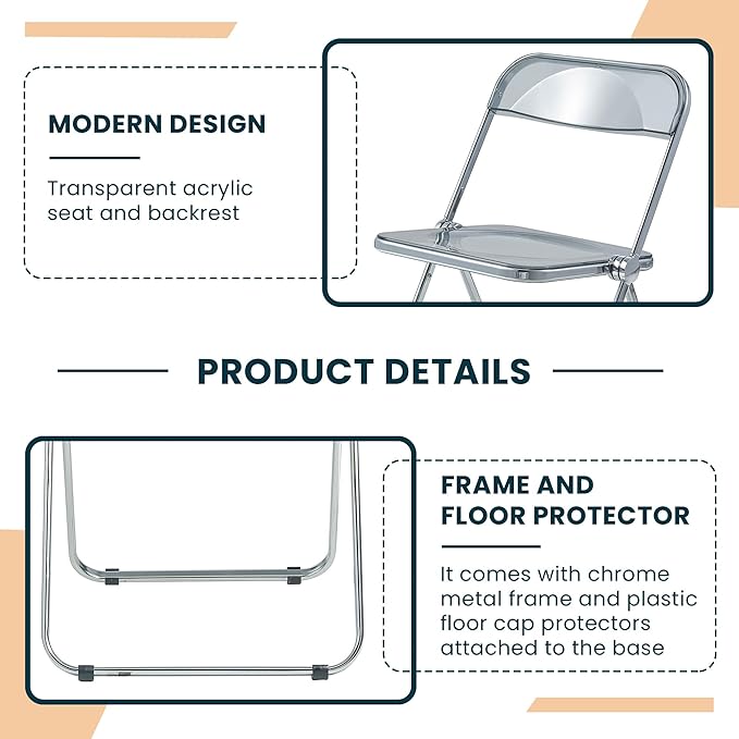 LeisureMod Lawrence Modern Clear Acrylic Folding Chair with Metal Frame, Space-Saving Transparent Seating for Dining Room, Home Office, Bedroom, Vanity or Small Spaces, (Transparent Black, Set of 2)