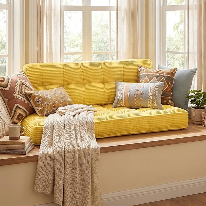 Vercraft 63 Inch Folding Bench Cushion, 4 Inch Thick 2-in-1 Convertible Long Floor Lounger Boneless Cushions Couch Mattress Upholstered for Yoga, Reading, Sleeping, Meditation Living Room(Yellow)