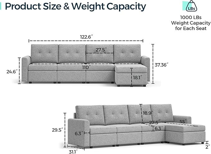 LINSY HOME Modular Sectional Sofa Oversized, Rubik III Removable Cover Living Room Couches with Storage Deep Seat & Ottoman Chaise L/U Shaped Sofa Modern Couch (Dark Grey)