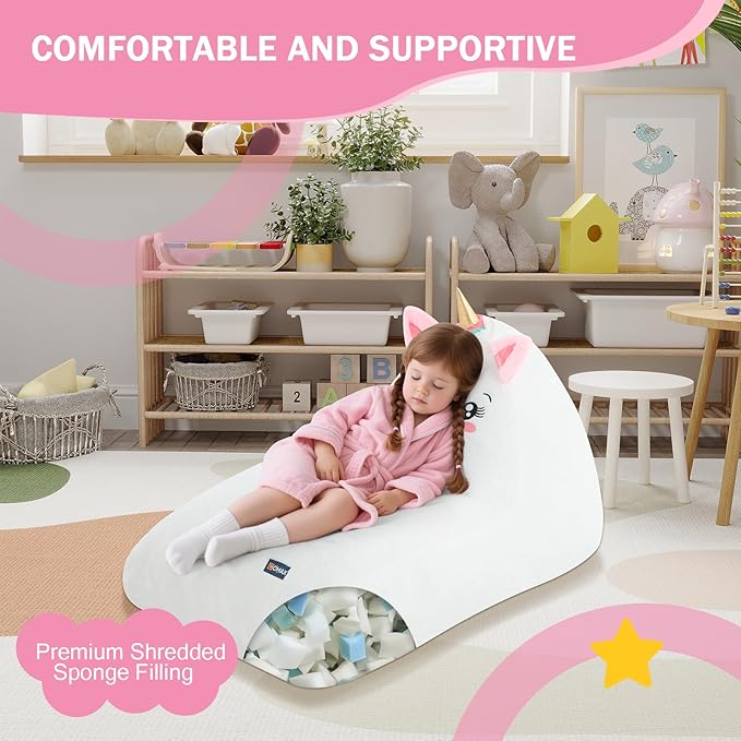 COMAX Unicorn Bean Bag Chairs for Kids, Large Kid Beanbag Chair with Filler, Big Toddler Lounge Bean Chair, Children Lazy Floor Lounger for Girls Boys, White