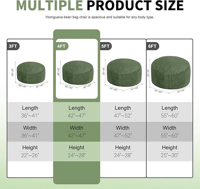 Homguava 4 FT Bean Bag Chair,4' Big Bean Bag,Large Bean Bag Chairs for Adults with Memory Foam Filled,Comfy Beanbag Chairs Soft Bean Bag Sofa with Dutch Corded Plush Cover-Green