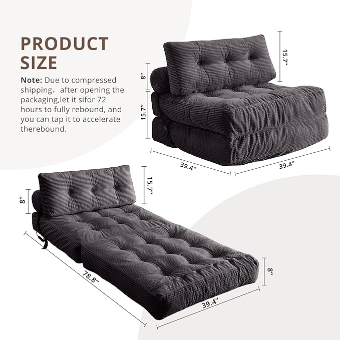 Convertible Sofa Bed & Couch Bed - Oversized Adult Sleeper Chair & Bean Bag Chair, Foldable Floor Bed with Backrest, Comfortable Lazy Sofa for Bedroom, Living Room & Dorm (Dark Gray, Single)