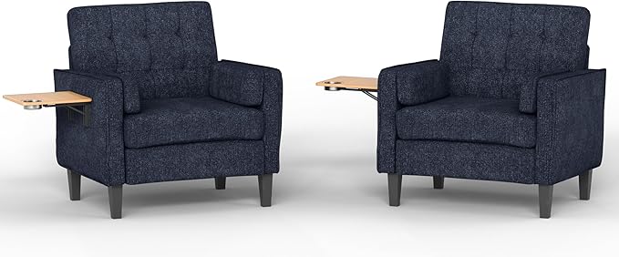 Chenille Accent Chair, Mid Century Modern Arm Chair with Foldable Wooden Side Table & Cup Holder - Comfy Reading Chair for Bedroom,Living Room Chairs,Sofa Chair Set of 2,Navy Blue