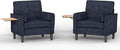 Chenille Accent Chair, Mid Century Modern Arm Chair with Foldable Wooden Side Table & Cup Holder - Comfy Reading Chair for Bedroom,Living Room Chairs,Sofa Chair Set of 2,Navy Blue