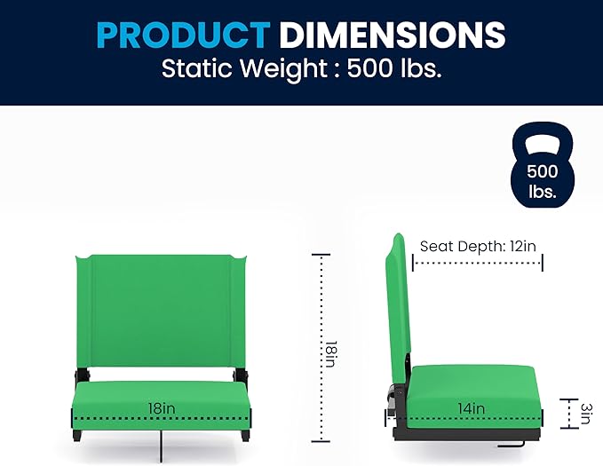 Flash Furniture Grandstand Portable Stadium Seats for Bleachers or Benches, Folding Padded Stadium Chairs with Handle, Pack of 2, 500 lb. Weight Capacity, Bright Green
