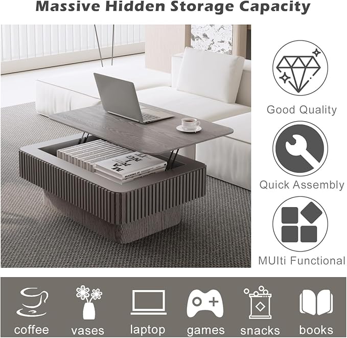 FGXJY Lift Coffee Table with Storage & Adjustable Height, Rectangle Solid Wood Coffee Table Fluted Center Table Accent Tea Table or Living Room, Apartment, Office (38.6" Grey)