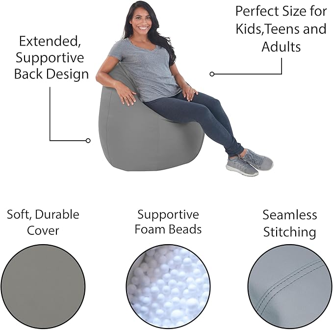 FDP SoftScape Dew Drop Bean Bag Chair with Supportive High-Back Design, For Kids, Teens and Adults, Alternative Seating for Dorms, Schools, Libraries, Daycares or Home - Gray