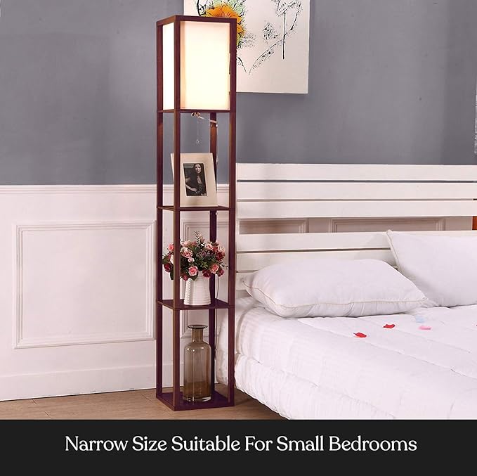 Brightech Maxwell - Modern Shelf Floor Lamp with Lamp Shade and LED Bulb - Corner Display Floor Lamps with Shelves for Living Room, Bedroom and Office - Havana Brown