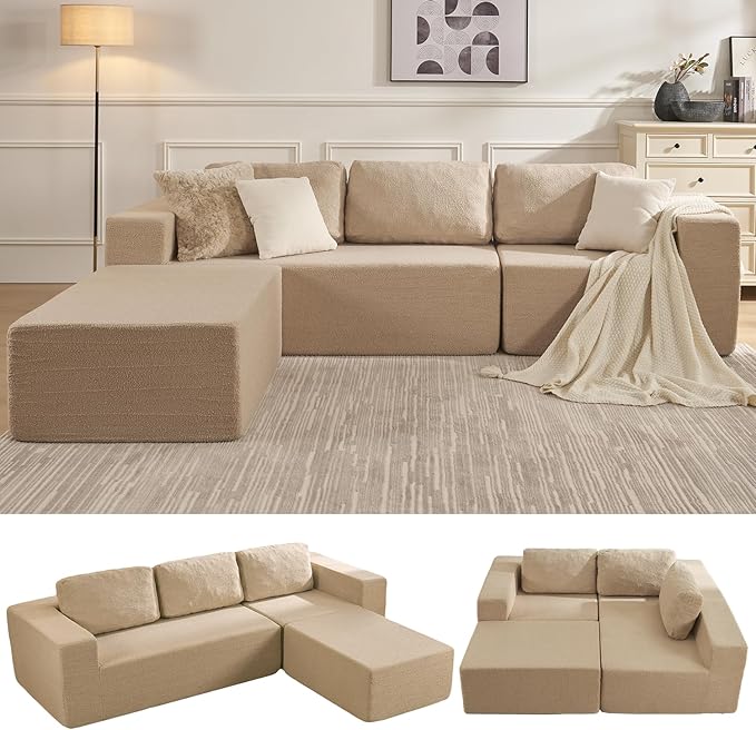 Furnify 106" Modular Sectional Couch Left/Right Facing Convertible, L-Shape Modern Teddy Sofa, Deep Seat Upholstered Foam Couch for Living Room Bedroom, No Assembly Required (Camel, Teddy Boucle)