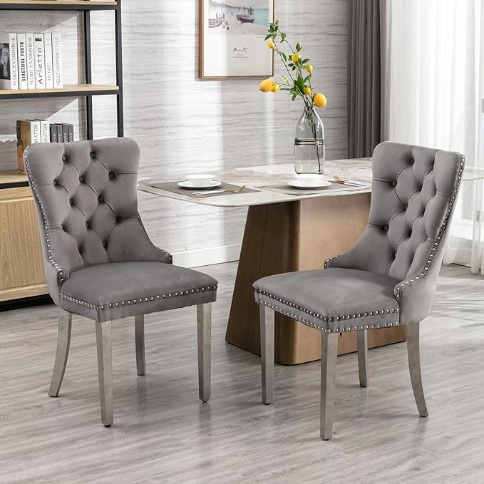 YeahFurn Mid Century Modern Dining Chairs Set of 6, Grey Velvet Upholstered Tufted Back, Kitchen & Dining Room Chairs, Brushed Silver Metal Legs, Nailhead Trim, Sillas para Comedor (Gray, 6 Pcs)