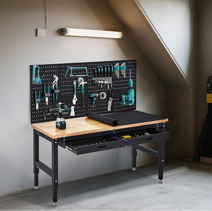 60 Inch Adjustable Height Rubber Wood Garage Workbench, Heavy Duty 3000LBS Work Bench with Drawers & Pegboard & Power Outlets Work Table for Garage, Workshop, Home Office
